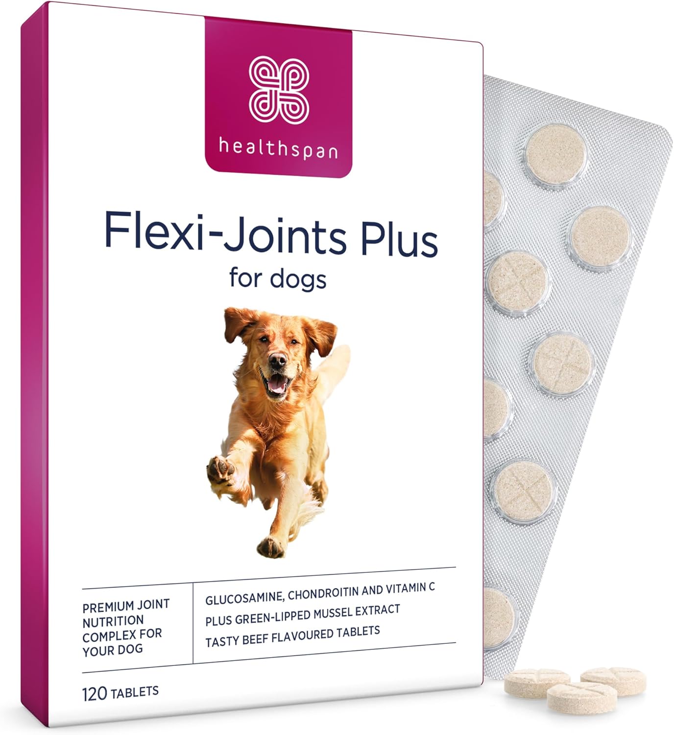 healthspan Flexi-Joints Plus For Dogs (120 Tablets) | 500mg Pure Glucosamine HCI Providing 40% More Glucosamine Than The Standard 2KCI Form | With Chondroitin | Beef Flavour