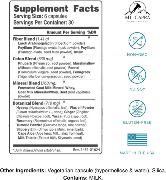 Capracleanse By Mt. Capra | Effective Cleansing Of Gi Tract With All Natural And Non-Gmo Ingredients | 30 Servings - 180 Capsules