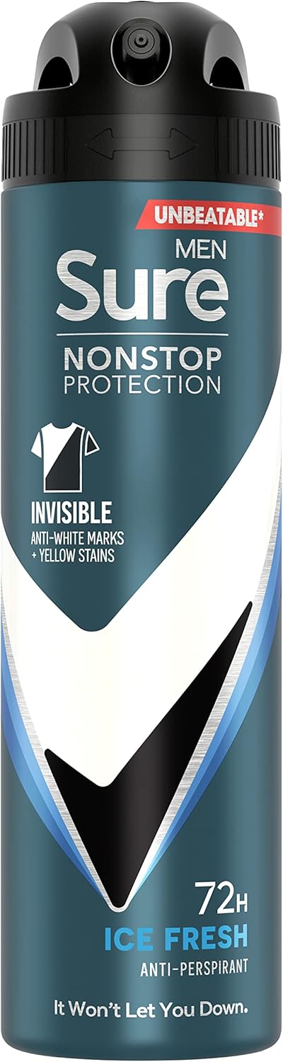 Sure Men Nonstop Protection Invisible Ice Fresh Anti-Perspirant Aerosol Men'S Deodorant Spray With Body Heat Activated Technology That Leaves No Marks For 72 Hour Odour And Sweat Protection 250 Ml