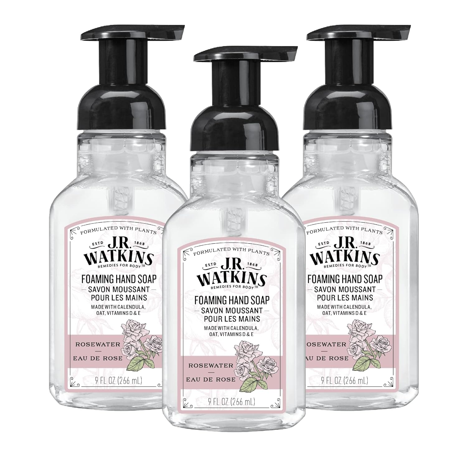 J.R. Watkins Foaming Hand Soap With Pump Dispenser, Moisturizing Foam Hand Wash, All Natural, Alcohol-Free, Cruelty-Free, Usa Made, Rosewater, 9 Fl Oz, 3 Pack