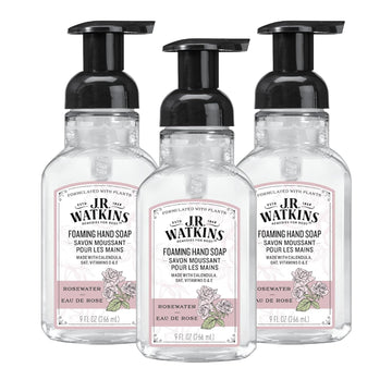J.R. Watkins Foaming Hand Soap With Pump Dispenser, Moisturizing Foam Hand Wash, All Natural, Alcohol-Free, Cruelty-Free, Usa Made, Rosewater, 9 Fl Oz, 3 Pack