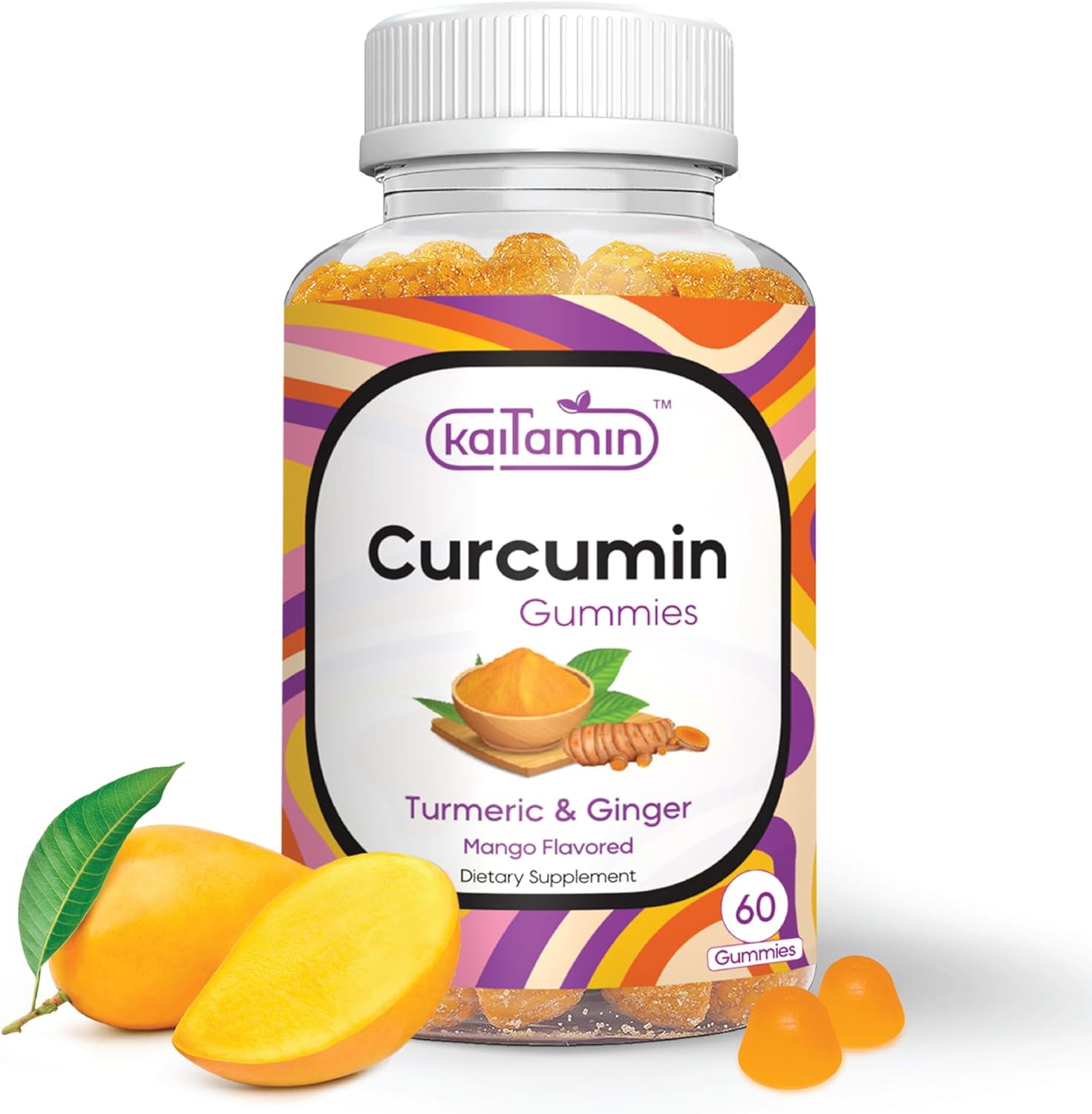 Turmeric Curcumin Supplement with Ginger Root Extract - 60 Gummies Pack, for Joint Support, Digestive Health & Immunity, Rich in Antioxidants, Vegan, Mango Flavored no Aftertaste