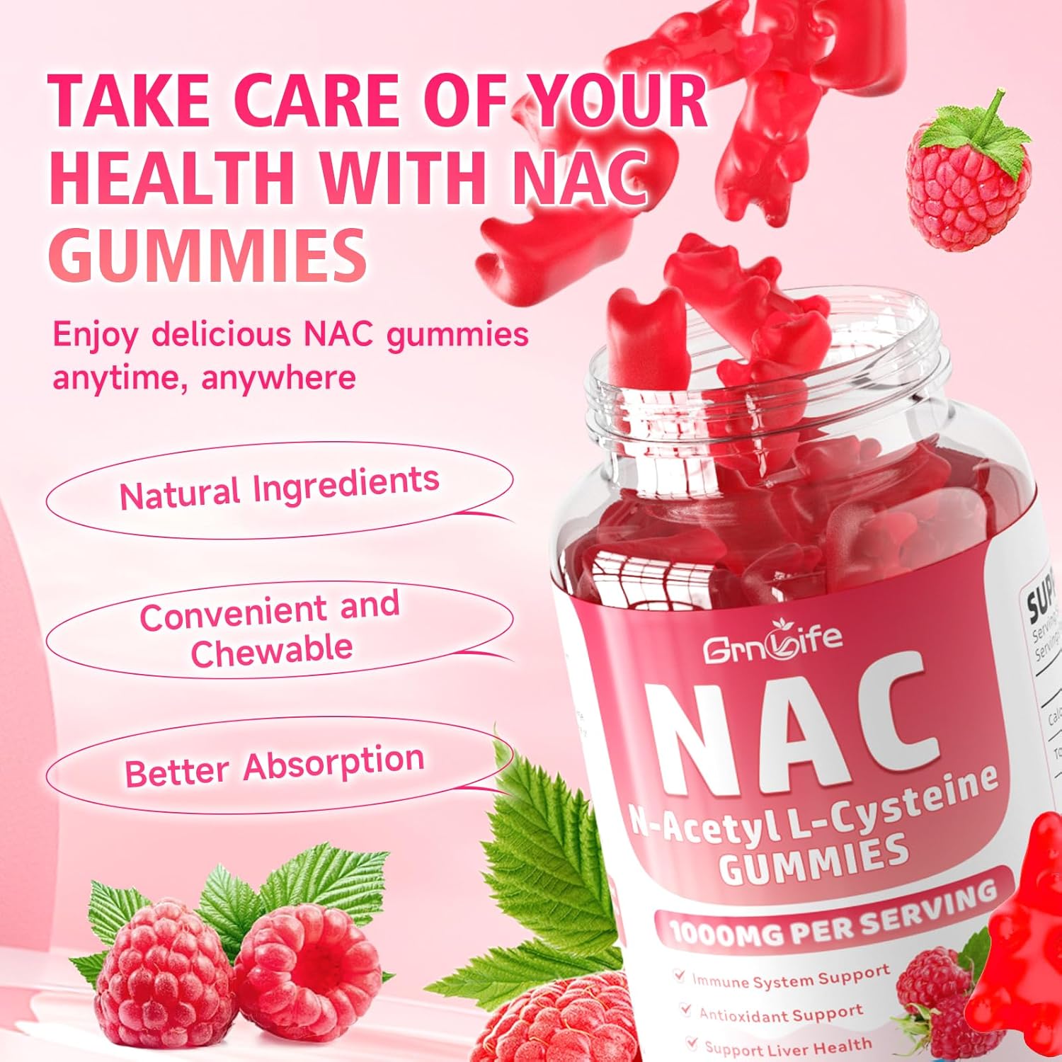 Nac Gummies For Kids & Adults, 1000Mg N Acetyl Cysteine Supplement Nac Chewable For Antioxidants & Immune Support, Liver Health, Raspberry Flavor, 60 Count : Health & Household
