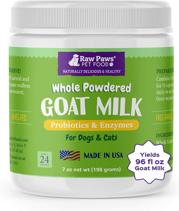 Raw Paws Whole Powdered Goat Milk For Dogs And Cats, 7-Oz - Goats Milk For Dogs Made In Usa - Natural Kitten & Puppy Milk Replacement Formula, Dry Pet Goat Milk Food Topper, Pet Nutritional Supplement