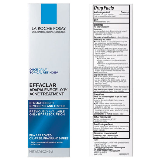 La Roche-Posay Effaclar Adapalene Gel 0.1% Acne Treatment | Retinoid Acne Cream | Acne Medication | Acne Gel For Blackheads & Whiteheads | Oil Free | Helps Clear And Prevent Acne & Clogged Pores