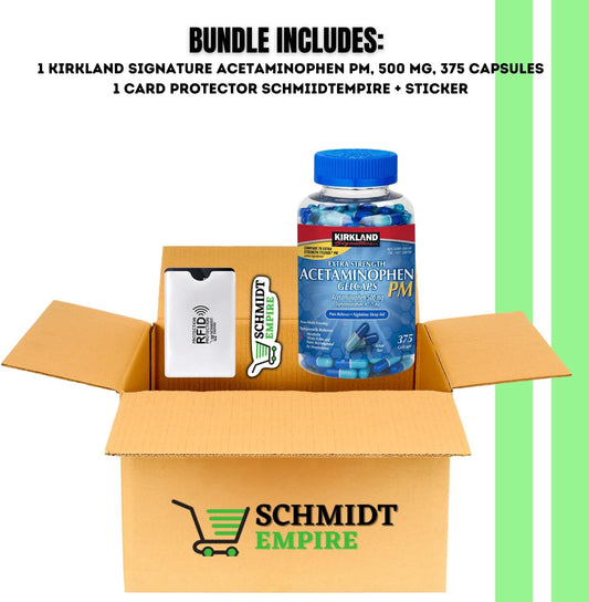 Kirkland Signature Acetaminophen PM 500 mg - Extra Strength Rapid Release (Compare to Extra Strength Tylenol PM Active Ingredients) 375 Ct + 1 Card Protector SchmiidtEmpire + Sticker (Pack of 1)