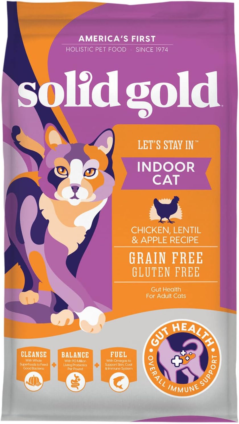 Solid Gold Indoor Dry Cat Food - Let'S Stay In Cat Food Dry Kibble For Indoor Cats - Hairball & Sensitive Stomach - Grain & Gluten Free - Probiotics & Fiber For Digestive Health - Chicken - 12Lb