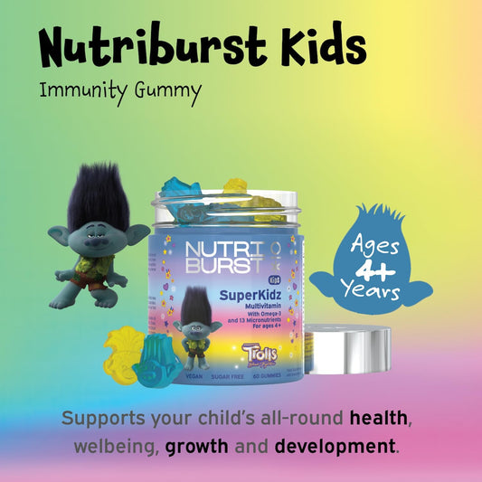 Nutriburst Trolls Superkidz - Chewable Multivitamin For Health, Growth & Development - 13 Essential Nutrients: Vitamin A, B12 C, D3, E, Iron, Omega-3 - Vegan + Sugar Free - Orange Flavour - 60 Gummies
