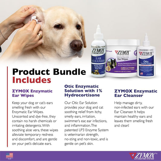 Zymox Enzymatic Ear Wipes, Ear Cleanser, & Otic Ear Solution For Dogs And Cats - Product Bundle - For Dirty, Waxy, Smelly Ears And To Soothe Ear Infections, 100 Ct, 4 Oz And 4 Oz