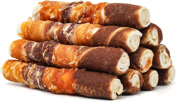 Mon2Sun Dog Treats, Triple Flavor 6 Inch Chicken Liver Chicken Duck And Chicken Wrapped Rawhide Sticks, Teeth Cleaning Dog Snacks For Medium Dogs, 17.6 Oz (10 Count-Pack Of 1)