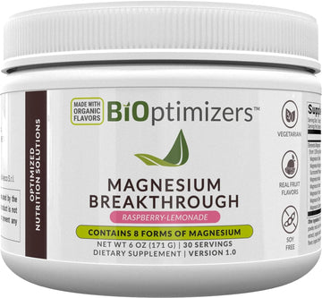 BiOptimizers Magnesium Breakthrough Drink Raspberry Lemonade - 8 Forms of Magnesium: Glycinate, Malate, Citrate, and More - Natural Sleep and Brain Supplement ? 6 oz (30 Servings)