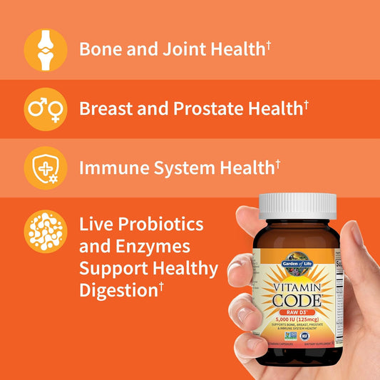 Garden Of Life Vitamin D, Vitamin Code Raw D3, Vitamin D 2,000 Iu, Raw Whole Food Vitamin D Supplements With Chlorella, Fruit, Veggies & Probiotics For Bone & Immune Health, 60 Vegetarian Capsules