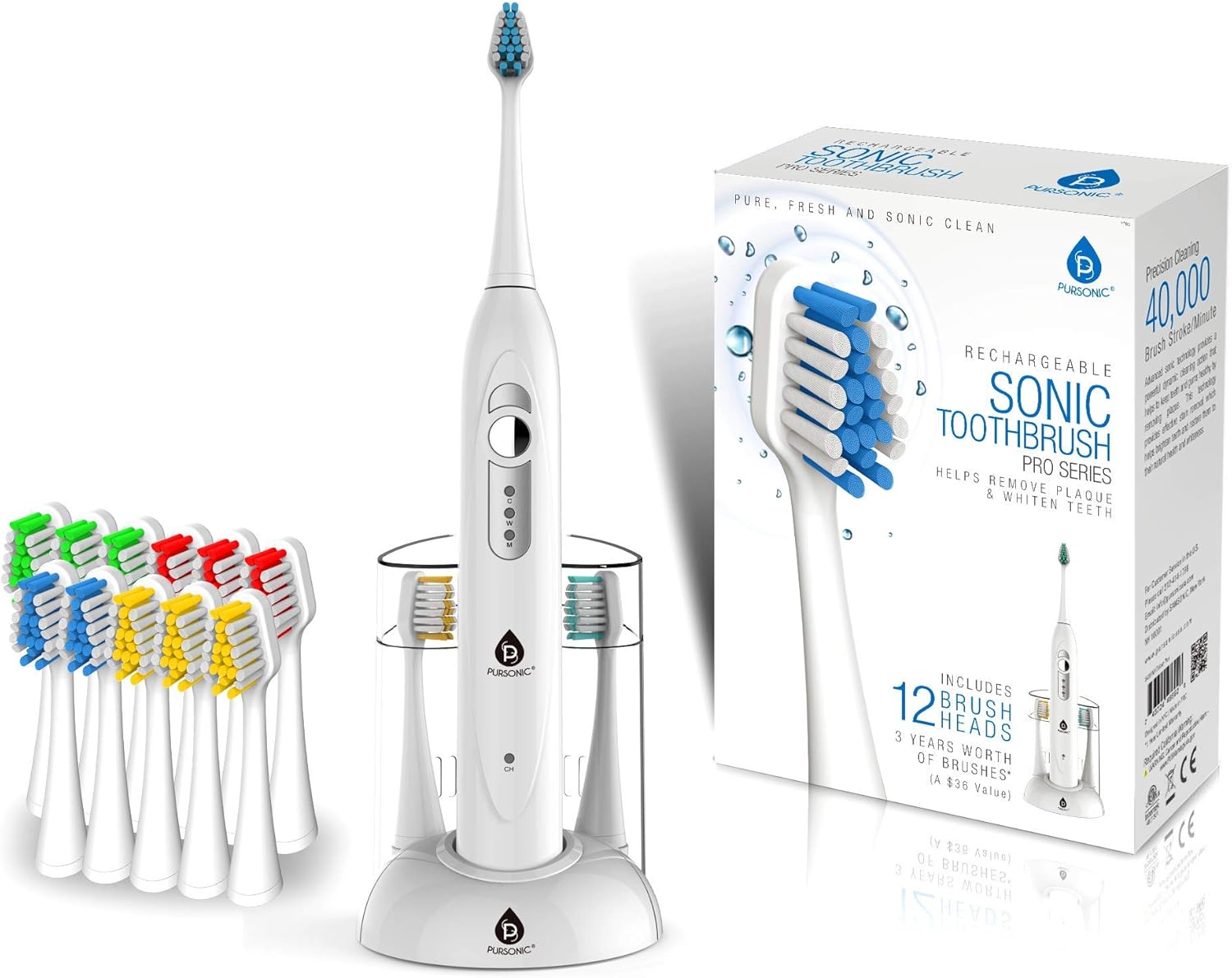 Pursonic S430 Smartseries Electronic Power Rechargeable Sonic Toothbrush With 40,000 Strokes Per Minute, 12 Brush Heads Included, White