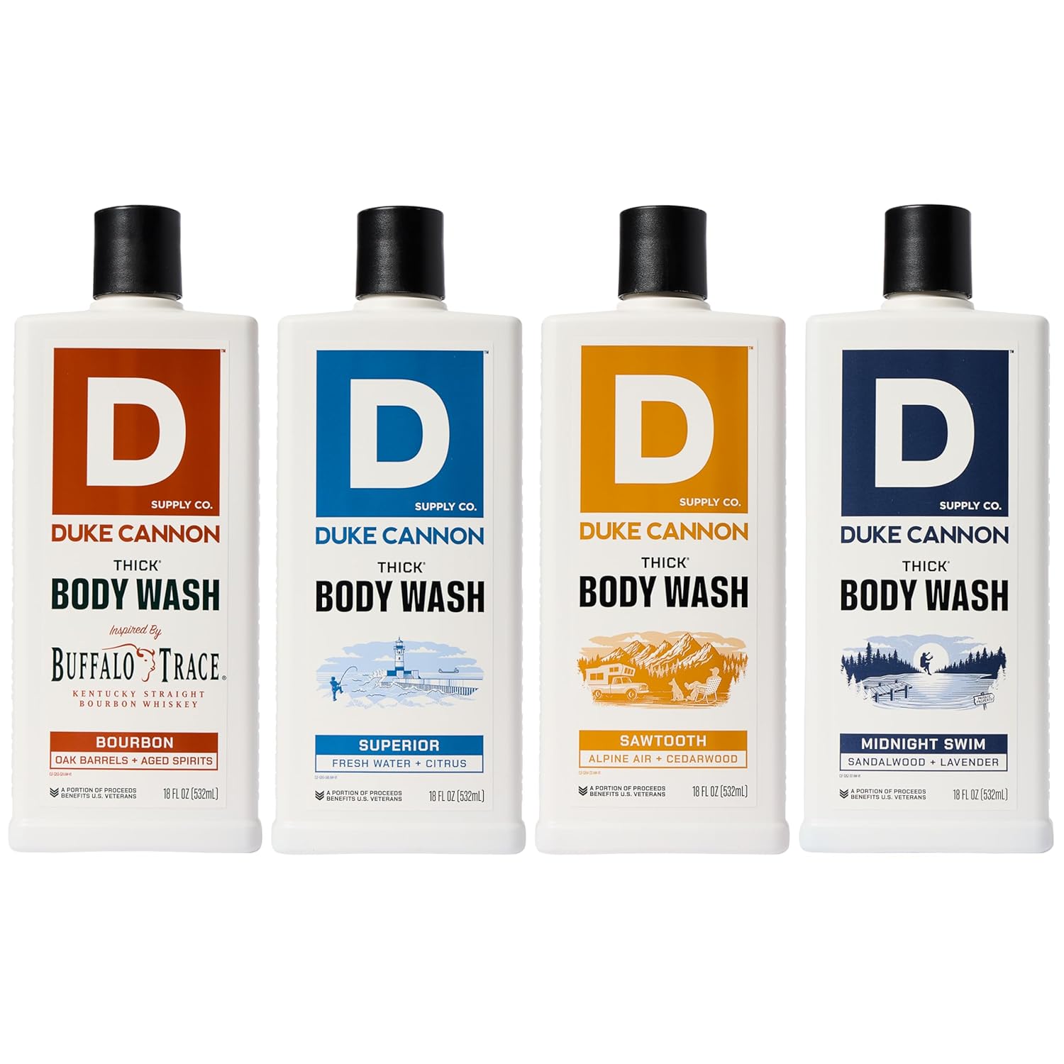 Duke Cannon Supply Co. Thick High Viscosity Body Wash - 3X Thicker, Plant-Based, Mineral-Enriched Body Wash For Men - Mens Body Scrub - Sawtooth, Bourbon, Midnight Swim & Superior