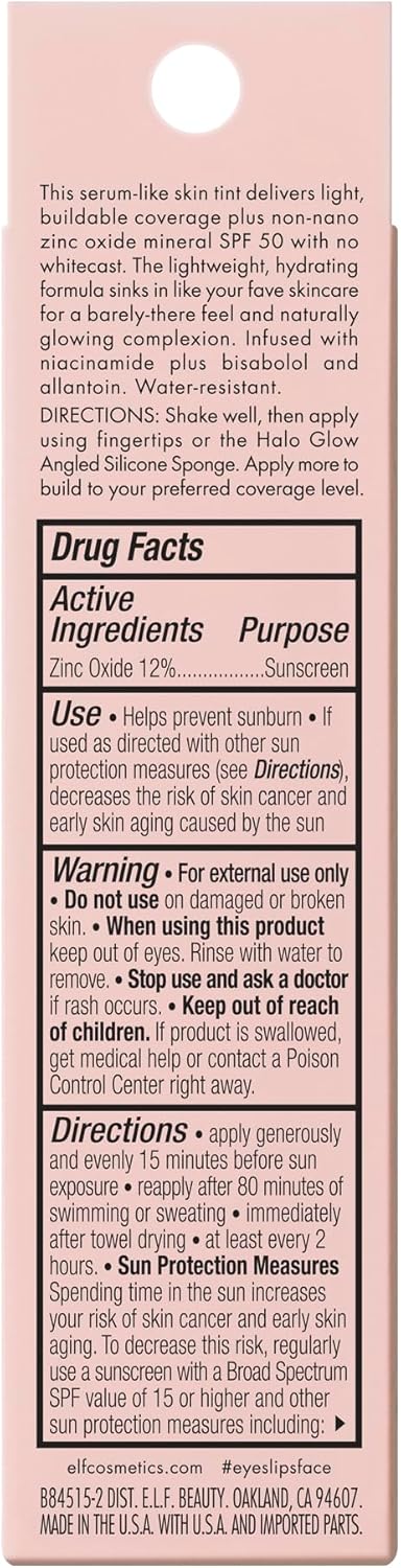 E.L.F. Halo Glow Skin Tint Spf 50, Tinted Moisturiser For Light, Buildable Coverage, Creates A Natural Glow, Vegan & Cruelty-Free, 12 Tan Cool