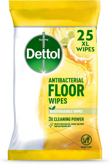 Dettol Lemon & Lime Floor Cleaning Wipes, 25 Count - Antibacterial Surface Cleaner, Fresh Citrus Scent, Quick-Dry Formula, Ideal For Home Hygiene, Easy Disposable Sheets