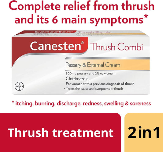 Canesten Thrush Combi Pessary & External Cream for Thrush Treatment | Clotrimazole | Two-Step Complete Relief Thrush Treatment