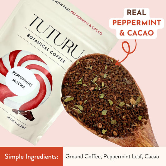 Organic Peppermint Mocha Ground Coffee - Real Peppermint & Cacao - Medium Roast, Organic Flavored Coffee - Smooth Low-Acid - Perfect For Drip, Pour Over Or Cold Brew - 8 Oz, 22 Servings