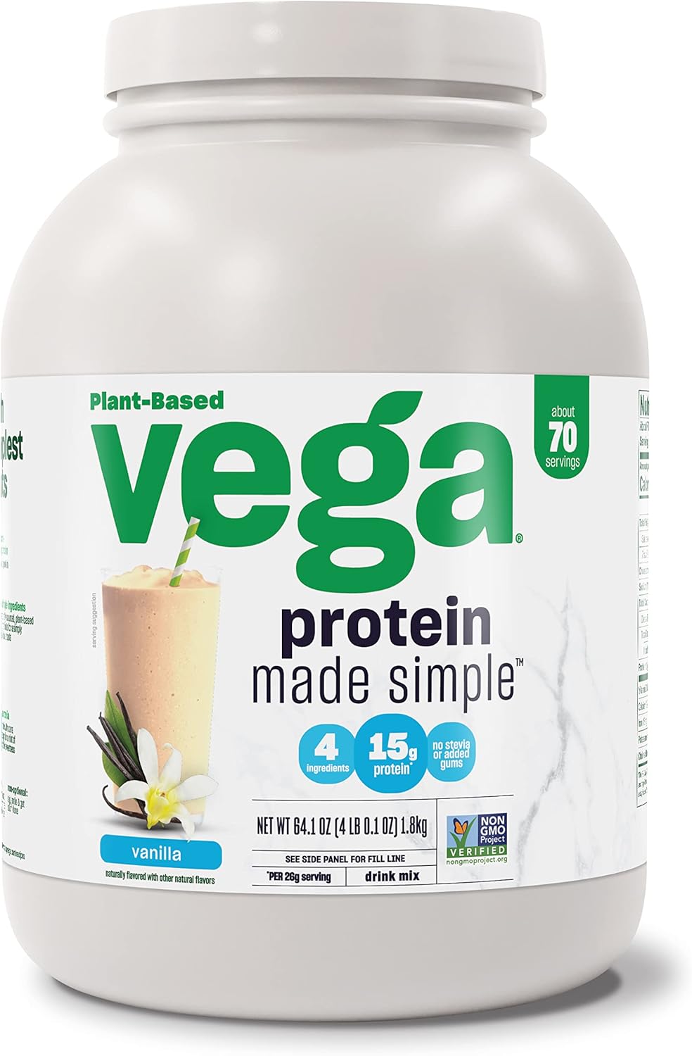 Vega Protein Made Simple Vanilla XL Value Tub (70 Servings) Stevia Free Vegan Protein Powder, Plant Based, Healthy, Gluten Free, Pea Protein for Women and Men, 3.9lbs : Health & Household