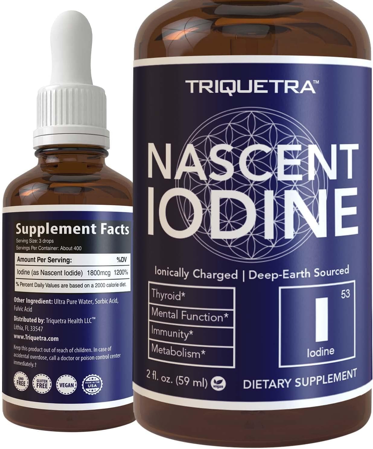 Nascent Iodine Supplement 400 Servings, Glass Bottle, Vegan, 1800 mcg - 600 mcg per Drop - Pure, Clear Color - Supports Thyroid Health, Energy, Immunity & Metabolism (2 oz.)