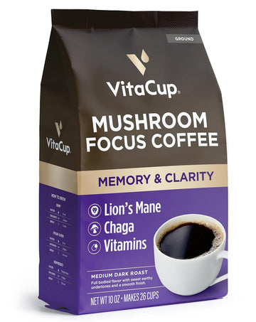 Vitacup Focus Mushroom Coffee Grounds, With Lions Mane, Chaga, B Vitamins, D3, Boost Focus, Immunity, Memory & Clarity, Medium Dark Roast, Bold & Smooth 100% Arabica Specialty, 10 Oz