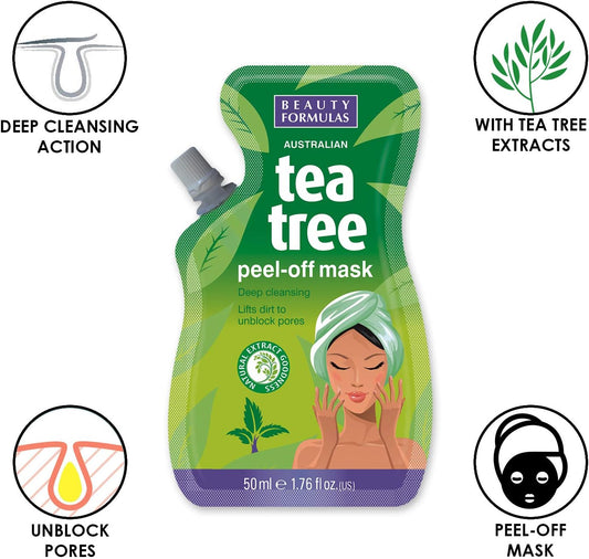 Beauty Formulas Australian Tea Tree Peel-Off Mask, Deep Cleansing Lifts Dirt Unblock Pores Remove Blackheads Peel Away Dead Skin Cells, 50 Ml