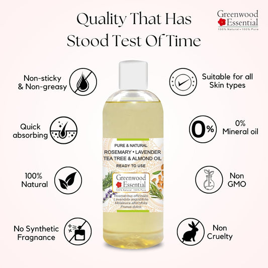 Greenwood Essential Rosemary Lavender Tea Tree And Almond Oil, Ancient Recipe For Healthy Hair And Scalp Massage Pure And Natural 100Ml (3.38Oz)