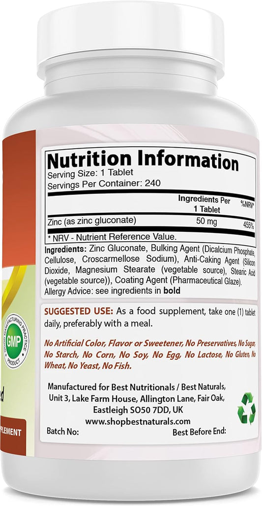 Best Naturals Zinc Supplement as Zinc Gluconate 50mg 240 Tablets - Immune Support