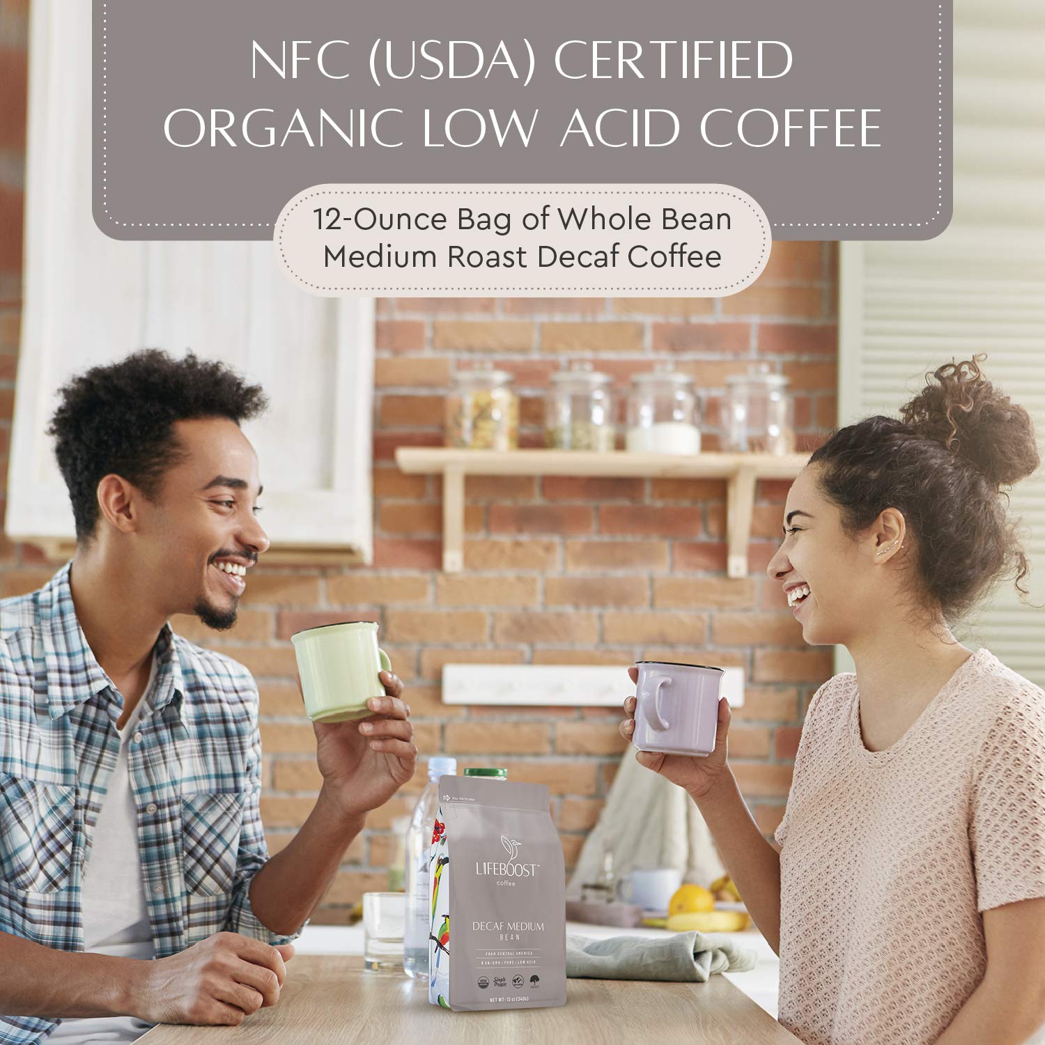 Lifeboost Coffee Medium Decaf Coffee Beans - Swiss Water Decaf Coffee - Low Acid Organic Decaf Coffee Beans - Third Party Tested For Mycotoxins & Pesticides - Whole Bean - 12 Ounces