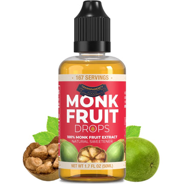 100% Pure Monk Fruit Extract (6 Drops = 1 Tsp Of Sugar) Zero Calories, Non-Gmo, No Fillers - Liquid Monk Fruit Sweetener No Erythritol - Monk Fruit Drops By Transparency Foods (1.7Oz, 167 Servings)