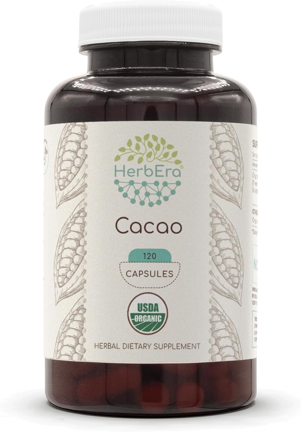 Cacao Usda Organic 60 Capsules | Natural Herbal Supplement | Certified Organic Vegetarian Capsules And Organic Cacao (Theobroma Cacao) Dried Raw Beans (60 Capsules)