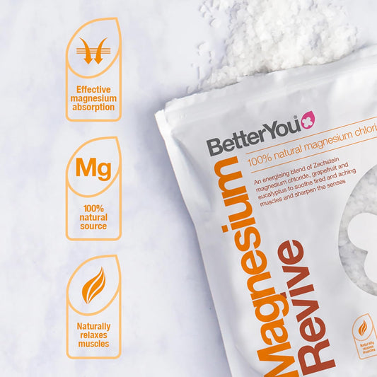 Betteryou Magnesium Revive Bath Flakes - Bath Salts With Magnesium - Energizing Grapefruit And Eucalyptus - Muscle Soothing And Skin Health - 1.6 Lb