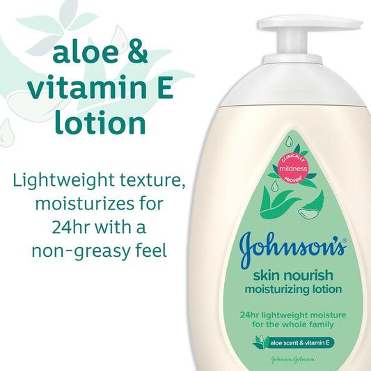 Johnson'S Skin Nourish Moisturizing Baby Lotion With Aloe Vera Scent & Vitamin E, Gentle & Lightweight Body Lotion For The Whole Family, Hypoallergenic, Dye-Free, 16.9 Fl. Oz