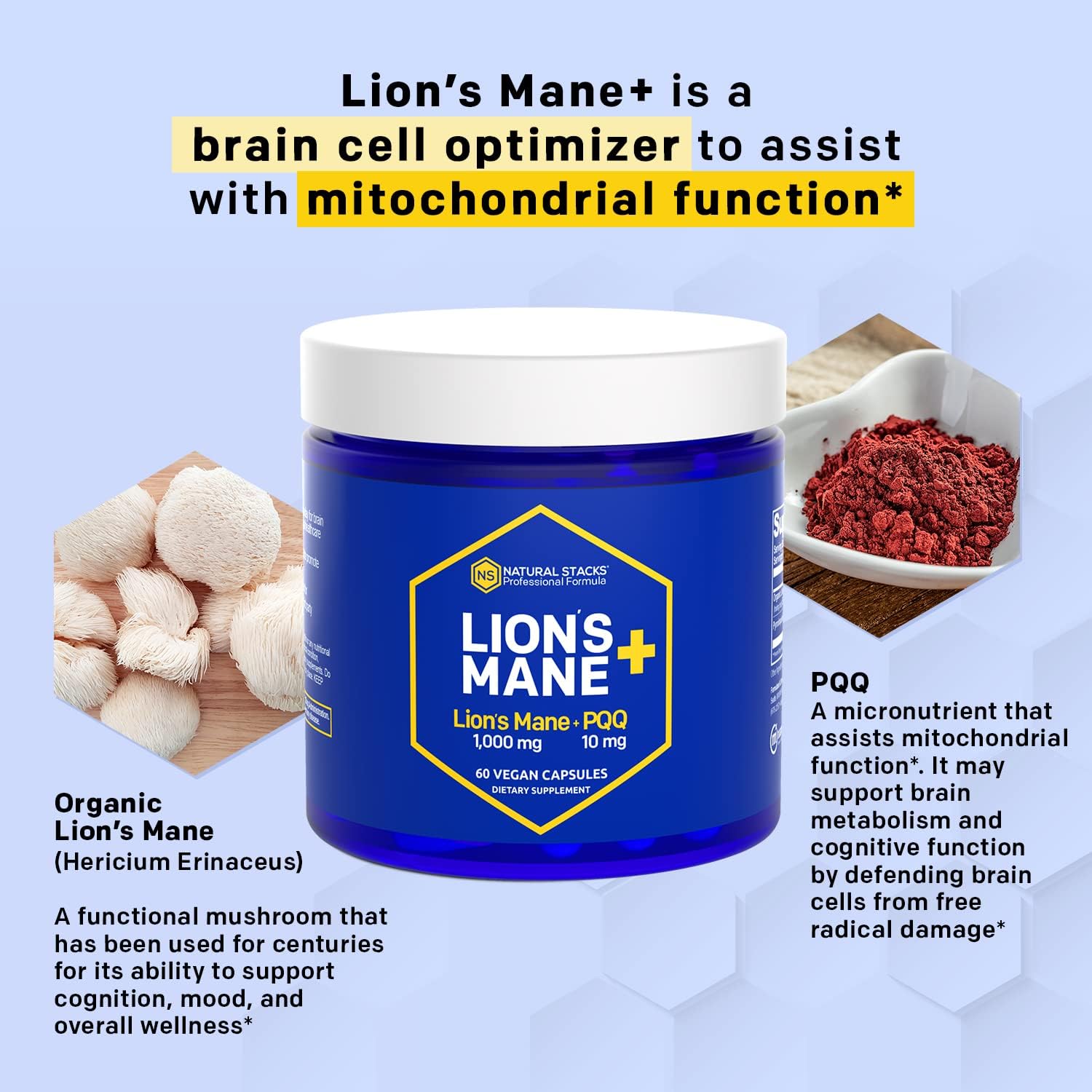 NATURAL STACKS Lions Mane Supplement with PQQ + Brain Cell Optimizer - Organic Lions Mane Extract for Memory, Learning, Mitochondrial Function - 60 Vegan Lions Mane Mushroom Capsules : Health & Household