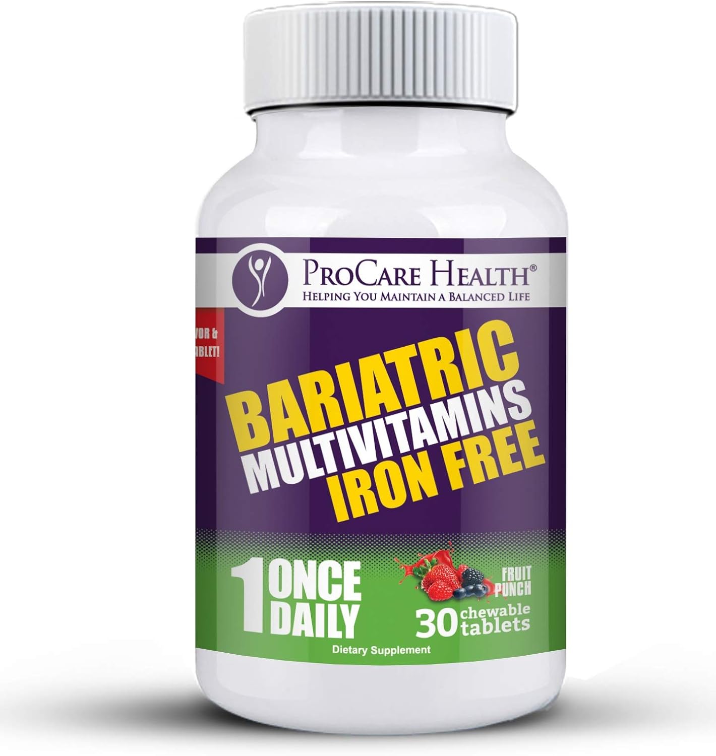 ProCare Health | Once Daily Bariatric Multivitamin | Chewable | Iron Free l Fruit Punch | 30 Count