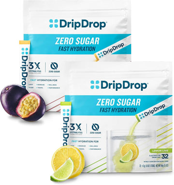 Dripdrop Hydration - Electrolyte Powder Packets - Lemon Lime & Passion Fruit Zero Sugar Bundle - 64 Count