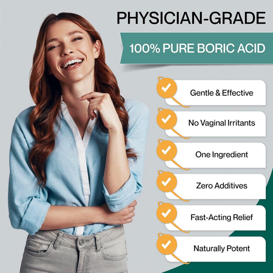 Boric Acid Vaginal Suppositories - Fast Dissolving for Yeast Infection & BV Relief, pH Balance, Odor & Discomfort Control, Feminine Health Support - 30 Count, Made in USA