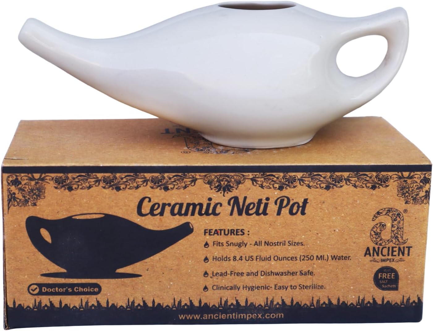 Ceramic Neti Pot 250 Ml Capacity (White) With 5 Sachets Neti Salt, A Natural Remedy For Nasal Irrigation
