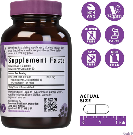 Bluebonnet Nutrition Olive Leaf Herb Extract, Supports Immune Health*, Heart Health*, Gluten-Free, Soy-Free, Kosher Certified, Non-Gmo, Vegan, 120 Vegetable Capsules, 120 Servings