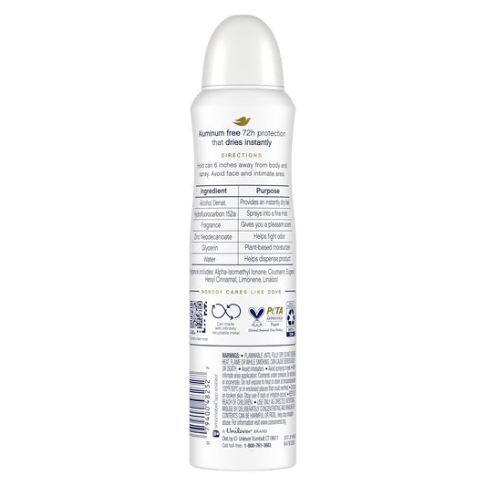 Dove 0% Aluminum Deodorant Dry Spray Cotton Flower & Sandalwood 3 Count For 48-Hour Protection Aluminum Free 4 Oz
