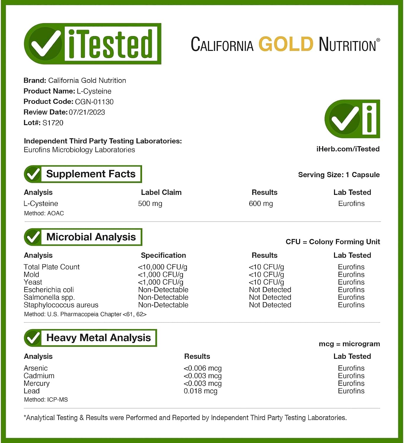 L-Cysteine, AjiPure, 500 mg, 60 Veggie Capsules, California Gold Nutri