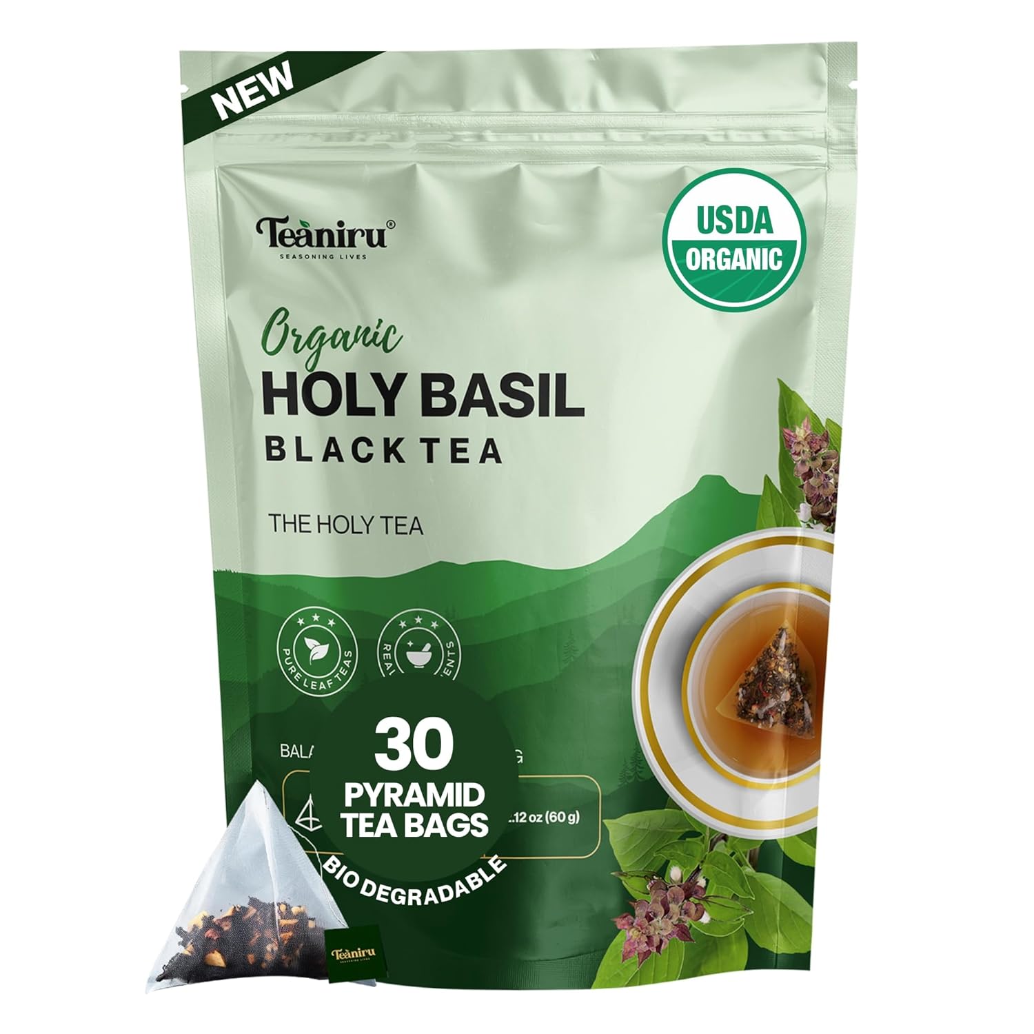 Teaniru, Holy Basil Black Tea (Tulsi Tea) - 30 Count | For Overall Mental Well-Being | Rich In Vitamin C, K, A & Adaptogenic Properties | Your Morning Kickstart | Certified By Usda Organic