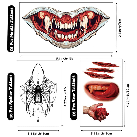 Fake Zombie Scar Tattoos, Waterproof Halloween Makeup Tattoos Kit, 30 Sheets Fake Vampire Teeth/Spider/Mouth Tattoos Stickers Suitable For Halloween Cosplay And Costume Party