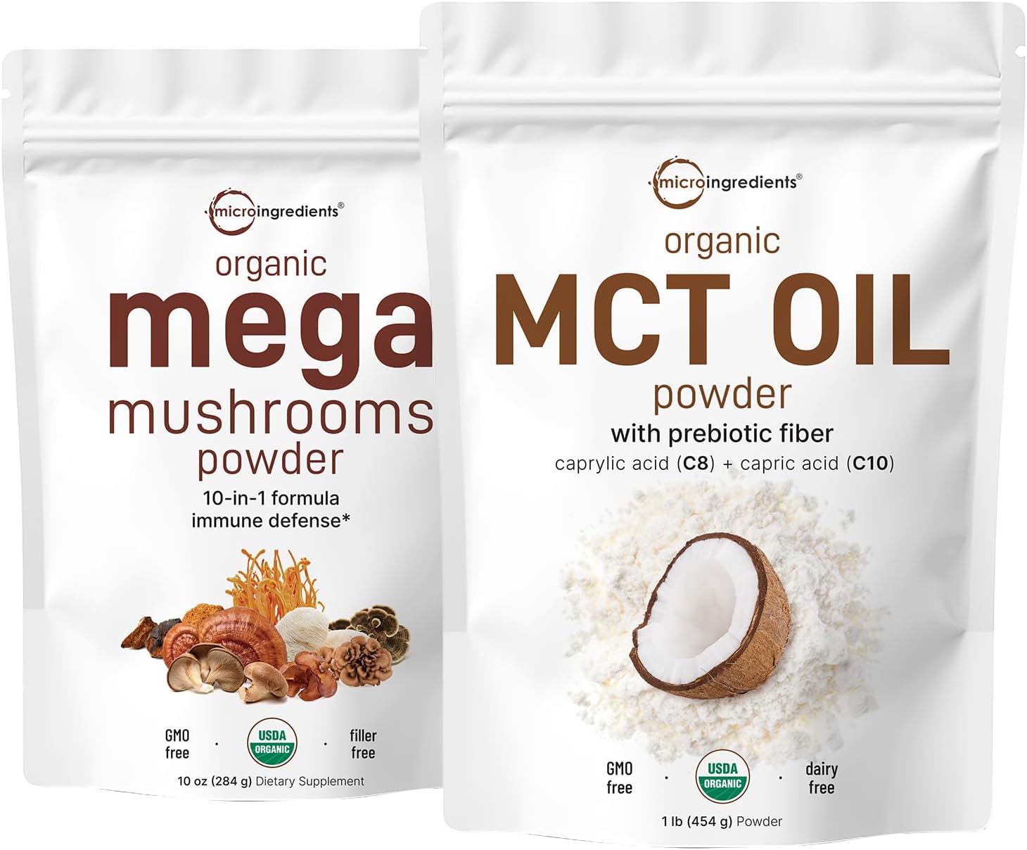 Micro Ingredients Organic Mega Mushroom Powder 10Oz & Organic Mct Oil Powder 1Lb Bundle 2 Pack | 10 In 1 Mushroom Complex | C8 Mct Oil, Plant Based Creamer