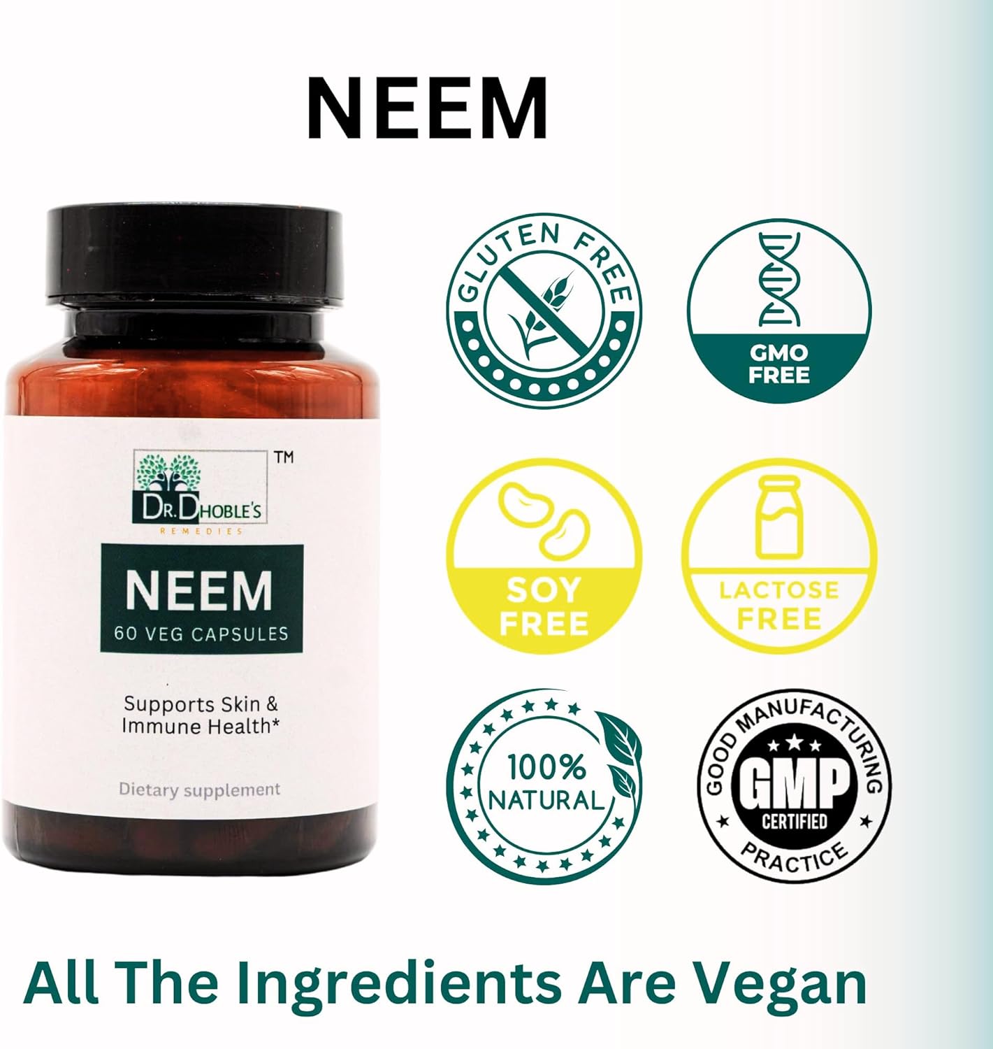 DR. DHOBLE’S REMEDIES Neem Organic Herbal Supplement - Supports Healthy Clear Skin, Immune & Liver Health, Detox, Healthy Inflammatory Response, Vegan, Gluten-Free, 60 Capsules : Health & Household