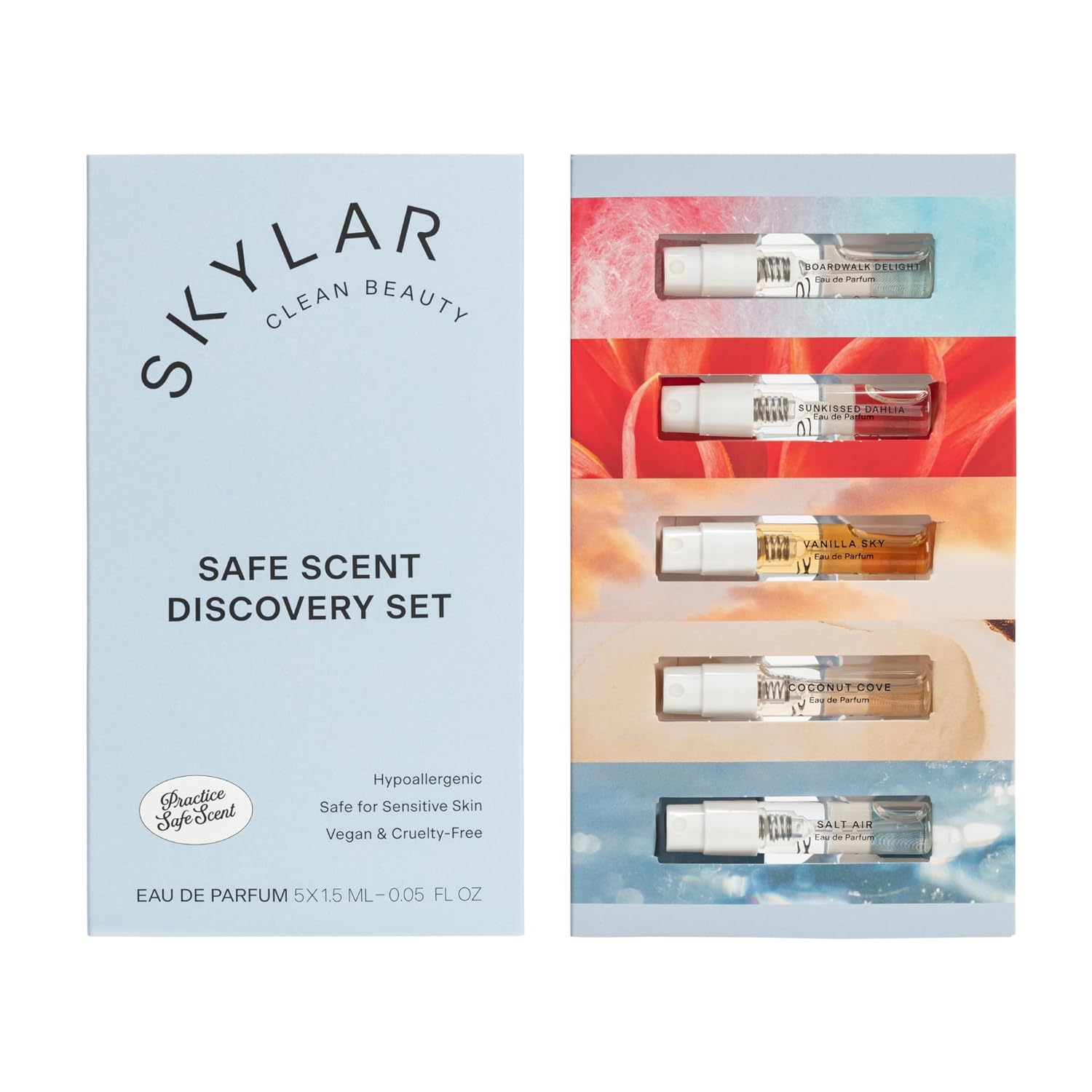 Skylar Perfume Discovery Spray Sampler Set - Boardwalk Delight, Sunkissed Dahlia, Vanilla Sky, Salt Air, Coconut Cove - Hypoallergenic & Clean Perfume For Women & Men - 5 1.5Ml