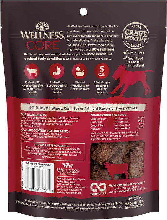 Wellness Core Power Packed Dog Treats, Grain-Free Tender Jerky Treats, Made In Usa (Beef Recipe, 4-Ounce Bag)