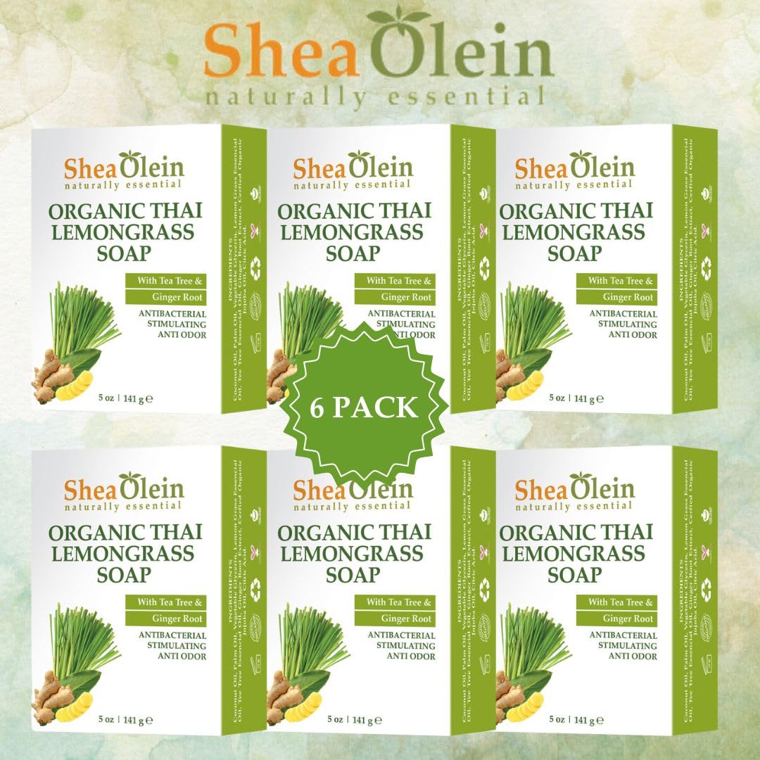Shea Olein Natural Bar Soap - Organic Thai Lemongrass Soap Bar, Antibacterial & Anti Odor, With Tee Tree & Ginger Root - Refreshing Lemon Bar Soap For Balanced Skin Ph (5 Oz, 6 Bars)
