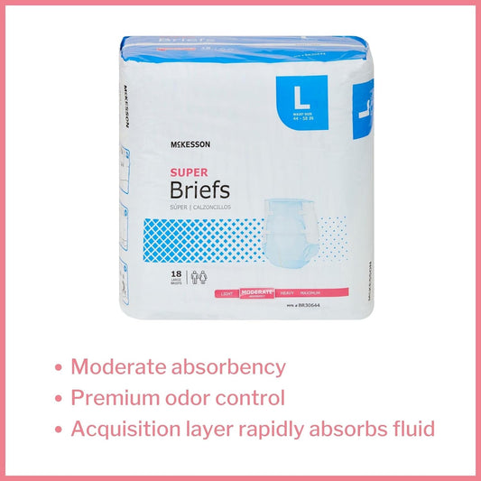 McKesson Super Briefs, Incontinence, Moderate Absorbency, Large, 18 Count, 1 Pack