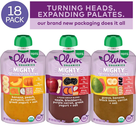 Plum Organics Mighty 4 Organic Toddler Food - 4 Food Group Blend Variety Pack - 4 Oz Pouch (Pack Of 18) - Organic Fruit And Vegetable Toddler Food Pouch